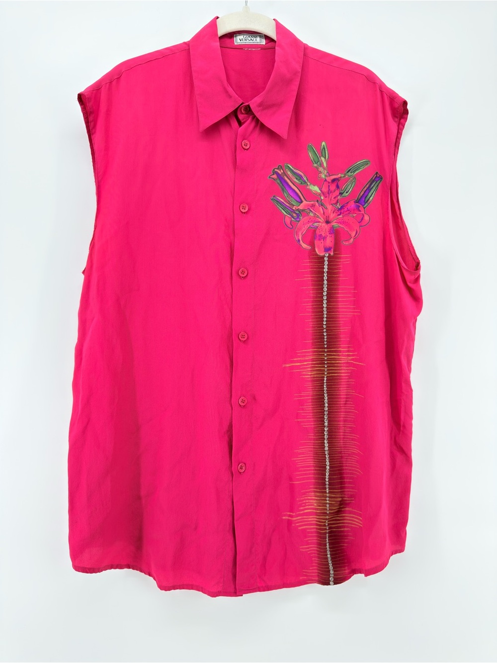 Versace Pink Sleeveless Camisole Painterly floral Print L/XL collared button up
